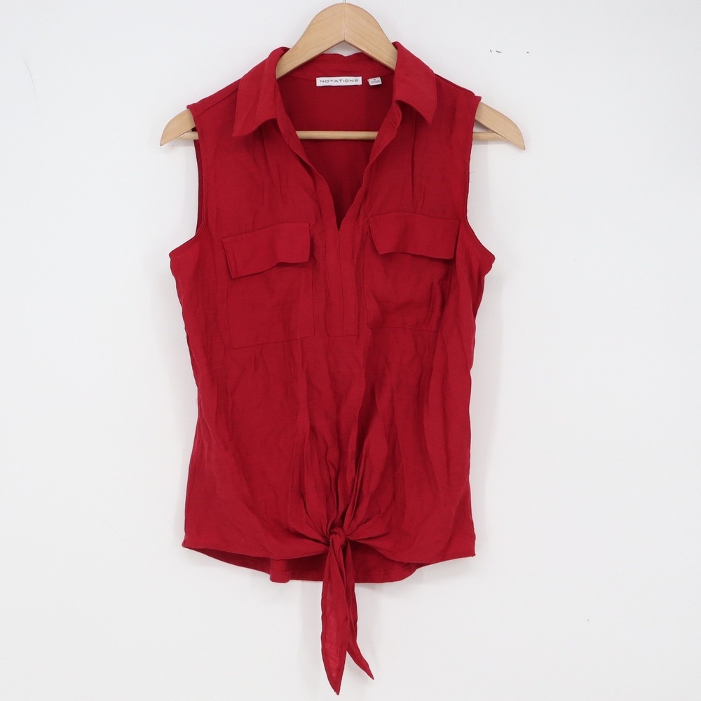 Notations Blouse Womens S Red Tie-Front Sleeveless Collared Excellent